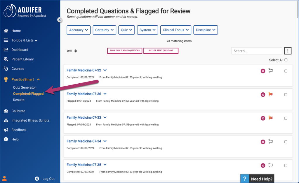 PracticeSmart Completed and Flagged Questions